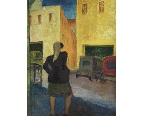 Gerard Sekoto (South African, 1913-1993)Woman crossing the road  oil on canvas 45.5 x 35.5cm (17 15/16 x 14in).(framed)Footno