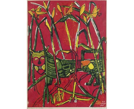 Bruce Onobrakpeya (Nigerian, born 1932)Leopard in Cornfield inscribed '11/60', titled 'Leopard in Cornfield' (lower left); si