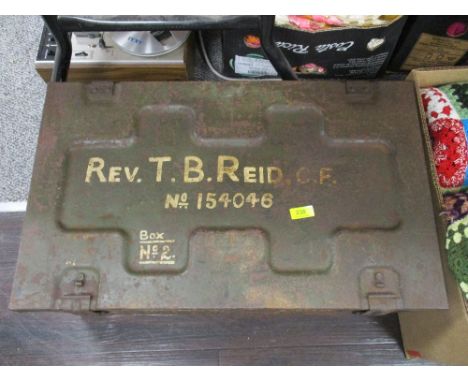 A vintage green painted military style ammunition box, named to Rev T Reid. C.F personal kit &amp; Effects