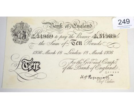 White £10 Operation Bernhard Forgery, Peppiatt, dated London March 18 1936, serial No K/164 31989; a few pinholes to left of 