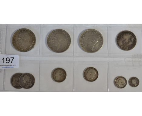 10 x English Silver Coins comprising: 3 x crowns: 1935(x2) AEF & 1937 EF+, William & Mary halfcrown 1689 first busts, first s