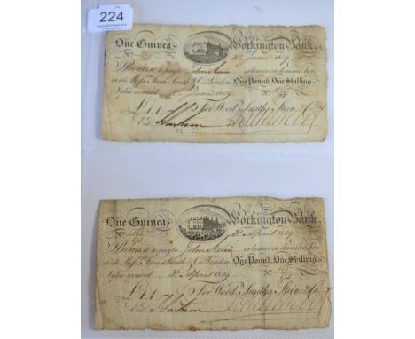 Provincial Banknotes: Workington Bank 2 x 1 guinea: 3 April 1809, prefix 163/673, pinholes & 2'' top edge tear along crease V