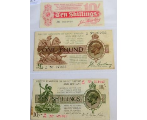 3 x Treasury Notes comprising: 10 shillings Bradbury, first emergency issue (August 1914), prefix A, No (with dash) A/15 0328