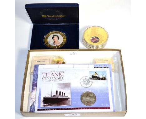 Cook Islands Commemorative 5 Dollars 2012 'Diamond Jubilee,' colourised photo of Queen on rev, gold-plated copper, 65mm, with