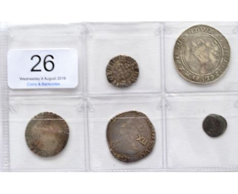 5 x English Hammered Silver Coins comprising: Edward I penny, London Mint Fine, Edward VI shilling, fine silver issue, facing