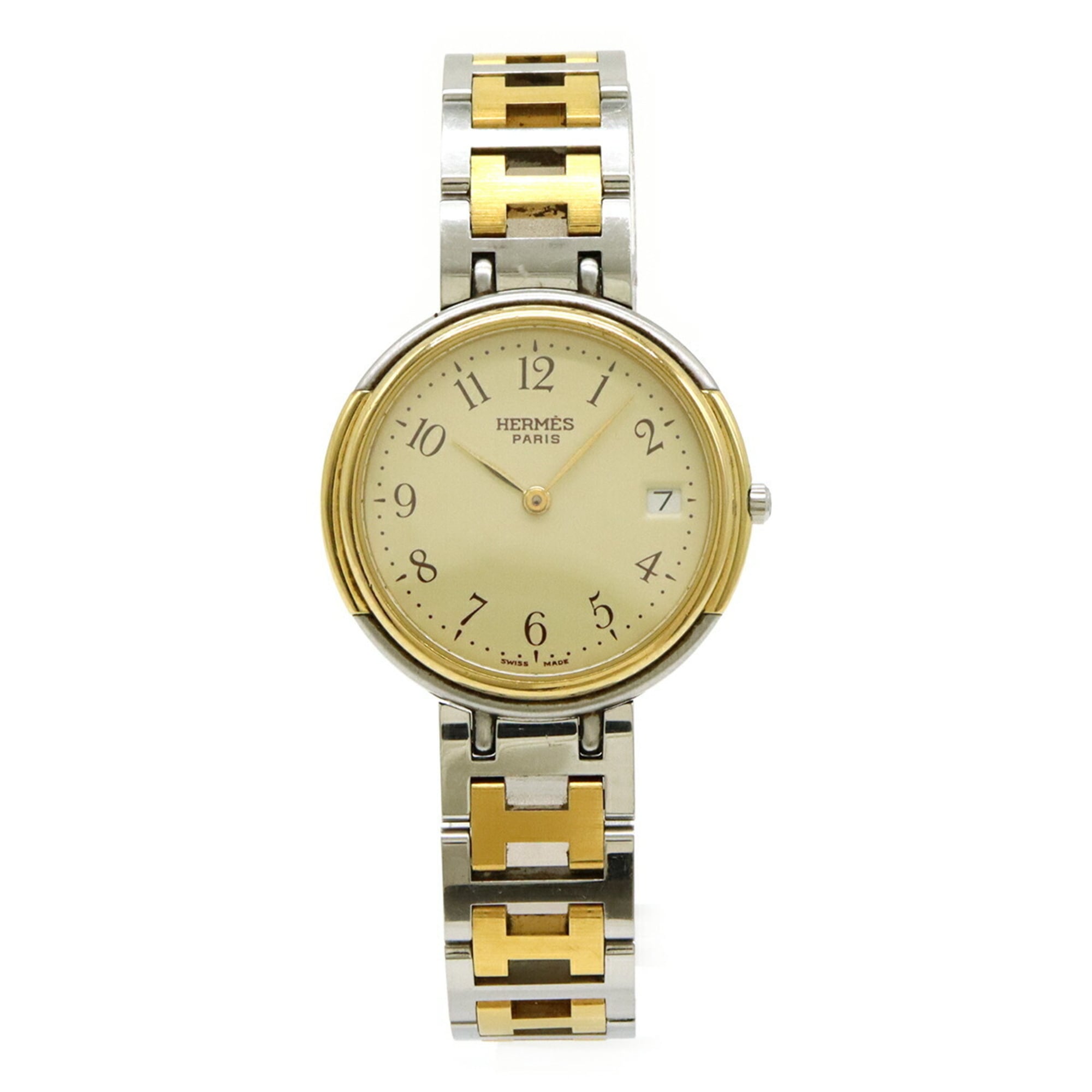 HERMES Windsor Date Ivory Dial Two-Tone GP Stainless Steel Men\'s Quartz Watch