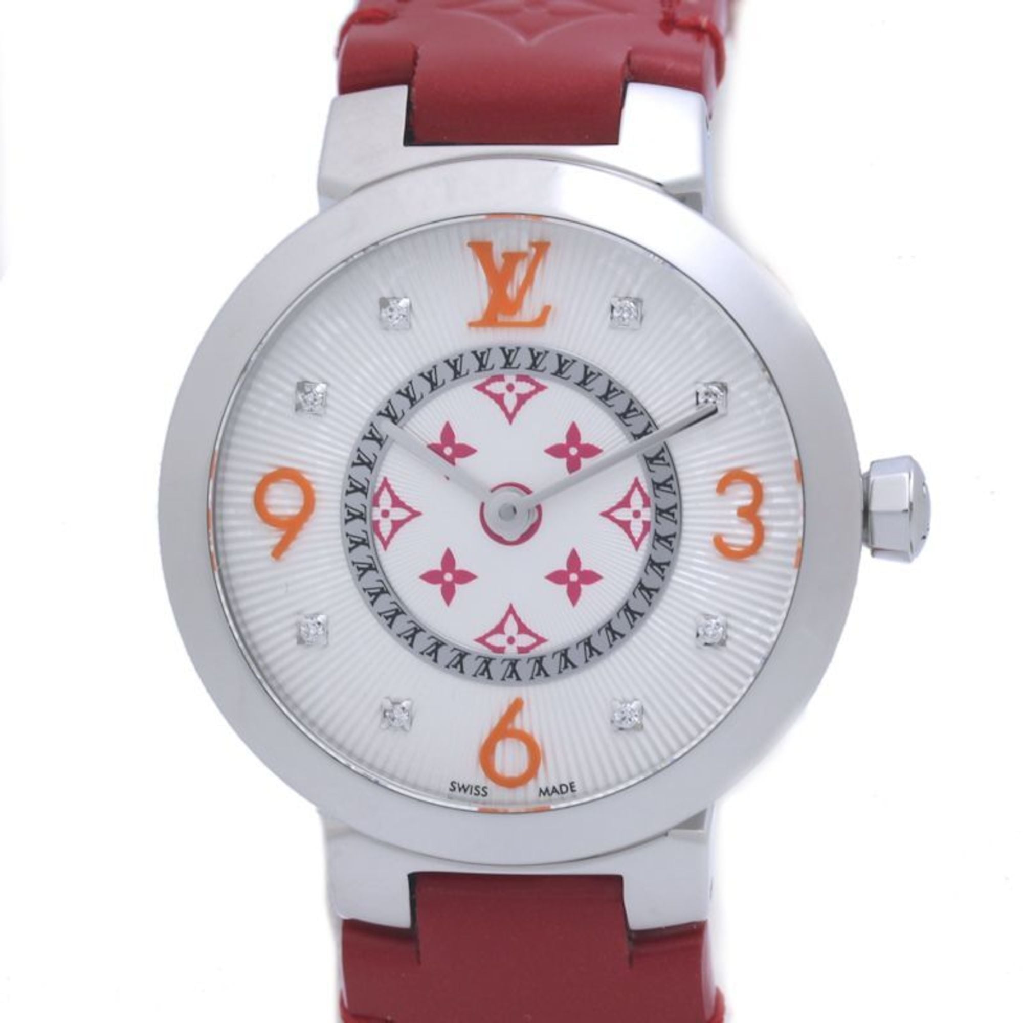 LOUIS VUITTON Tambour PM QA146Z Monogram Fuchsia & Orange with 8 Diamonds, Limited Edition Women\'s