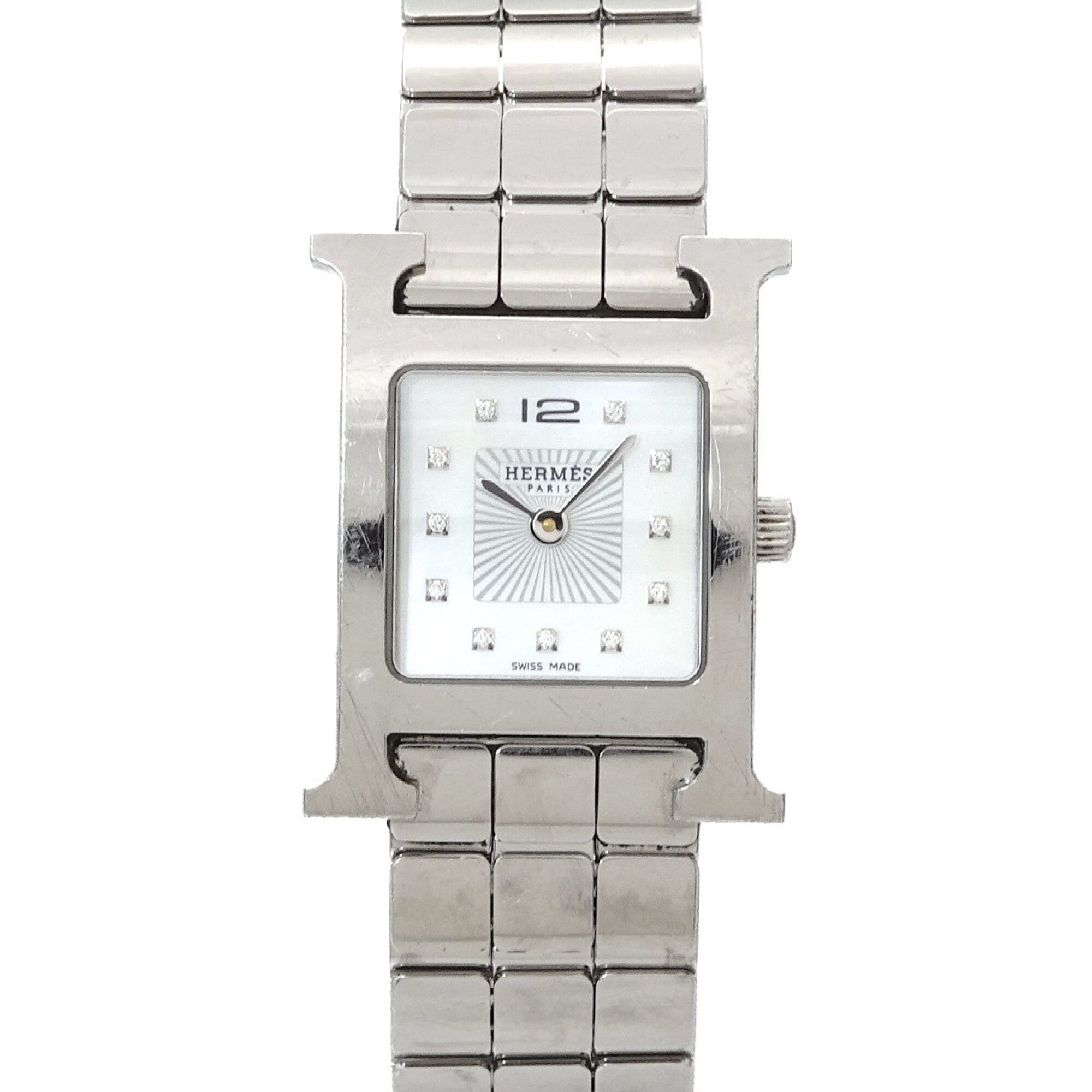 Hermes H-Watch HH1 210 Women\'s Watch 12P Diamond White Shell Quartz H