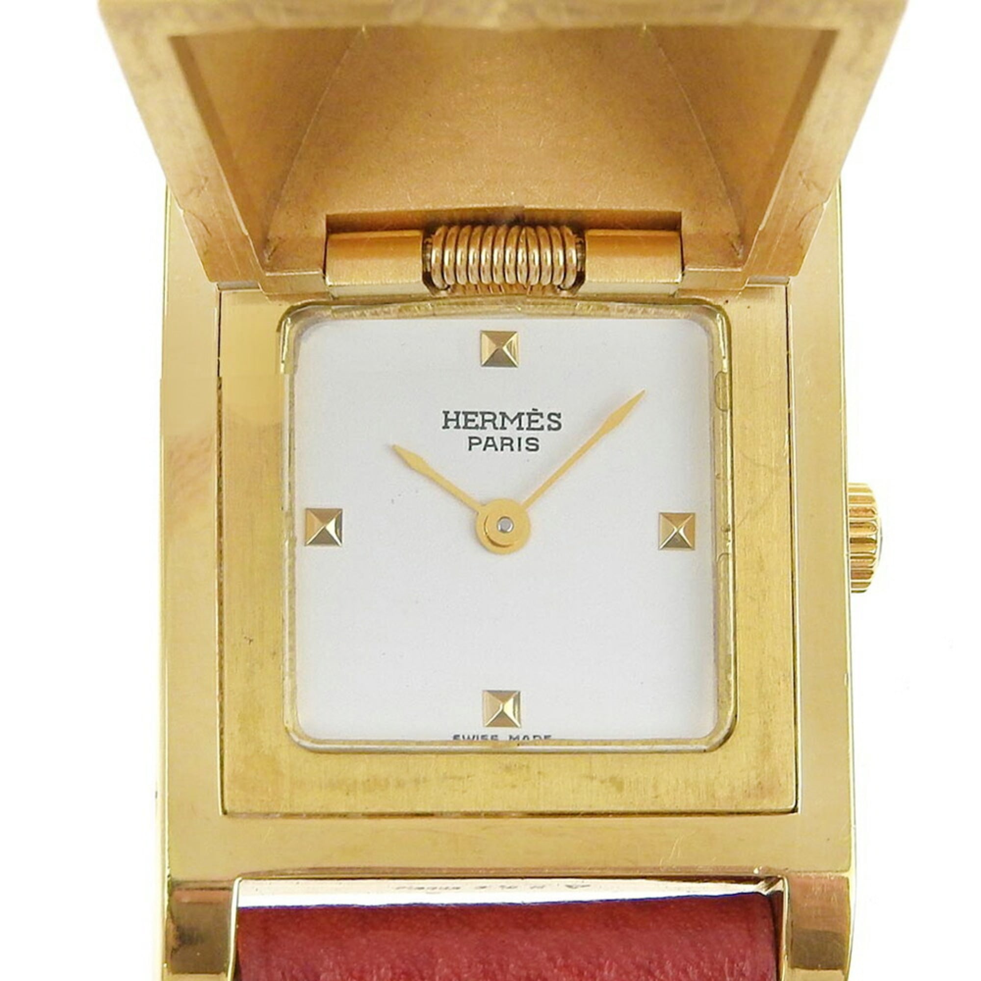 Hermes HERMES Medor Watch ME1.201 Gold Plated x Leather 1996 Wine Red _Z Quartz Analog Display White