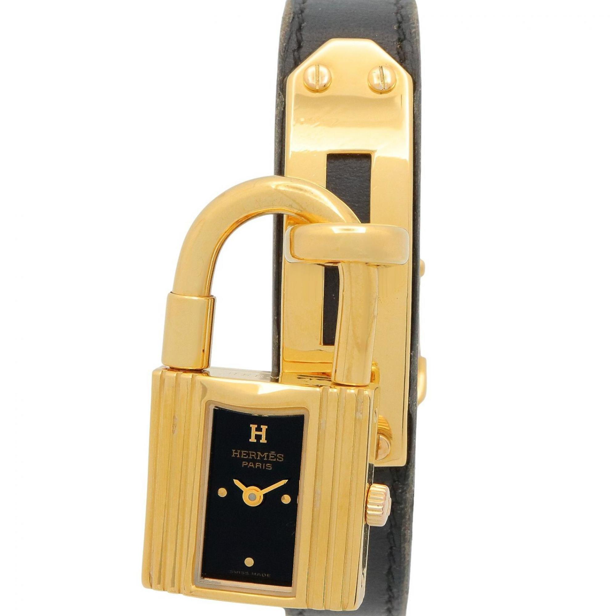 Hermes Kelly Watch, Gold Plated (GP), Leather Strap, Women\'s, Black, KE1.201