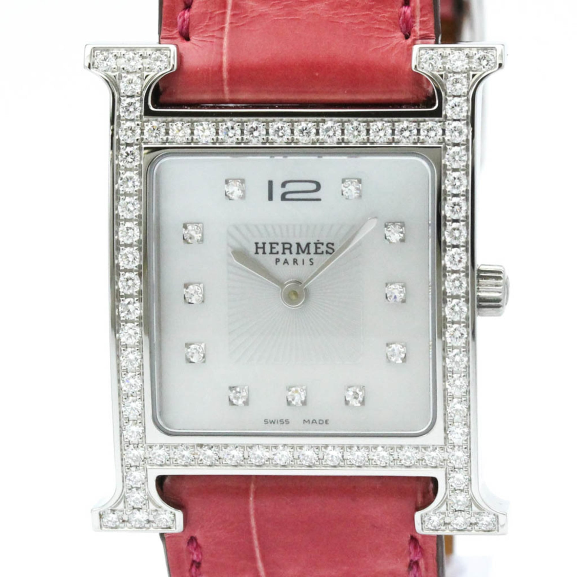 HERMES H Watch Diamond MOP Steel Quartz Mens Watch HH1.530