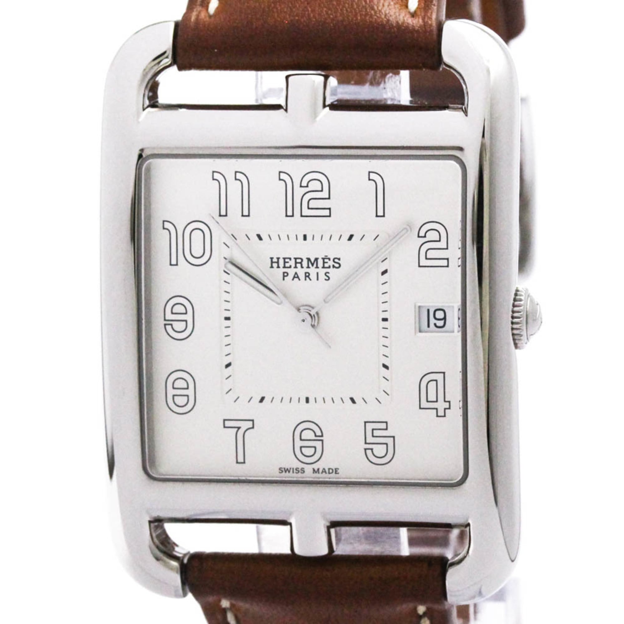 HERMES Cape Cod Steel Leather Quartz Mens Watch CC1.810 Polished