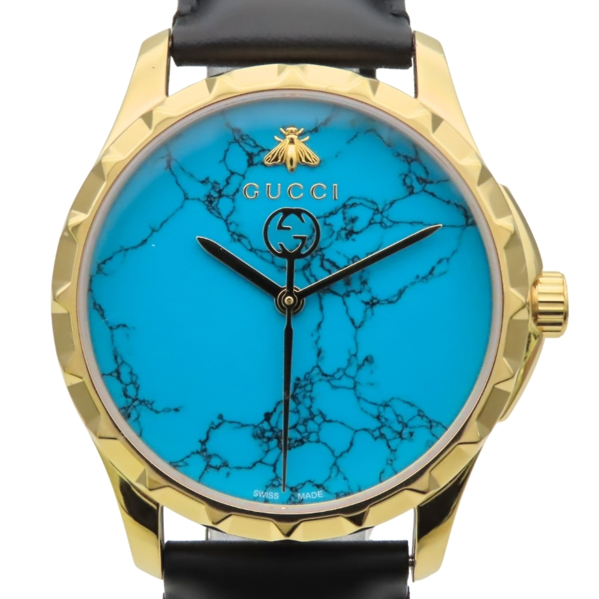 Gucci Bee 126.4 Stainless Steel Leather Watch, Gold, Black, Turquoise Blue, Men\'s Watch.