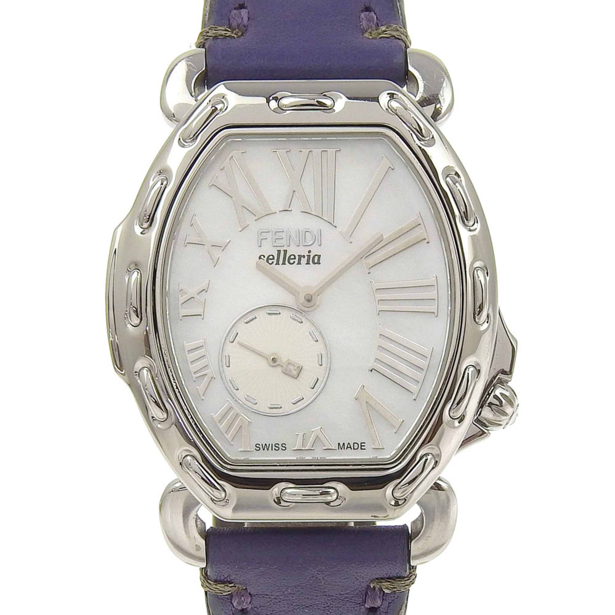 FENDI Celeria Watch 8400M Stainless Steel x Embossed Leather Quartz Small Second White Shell Dial Bo