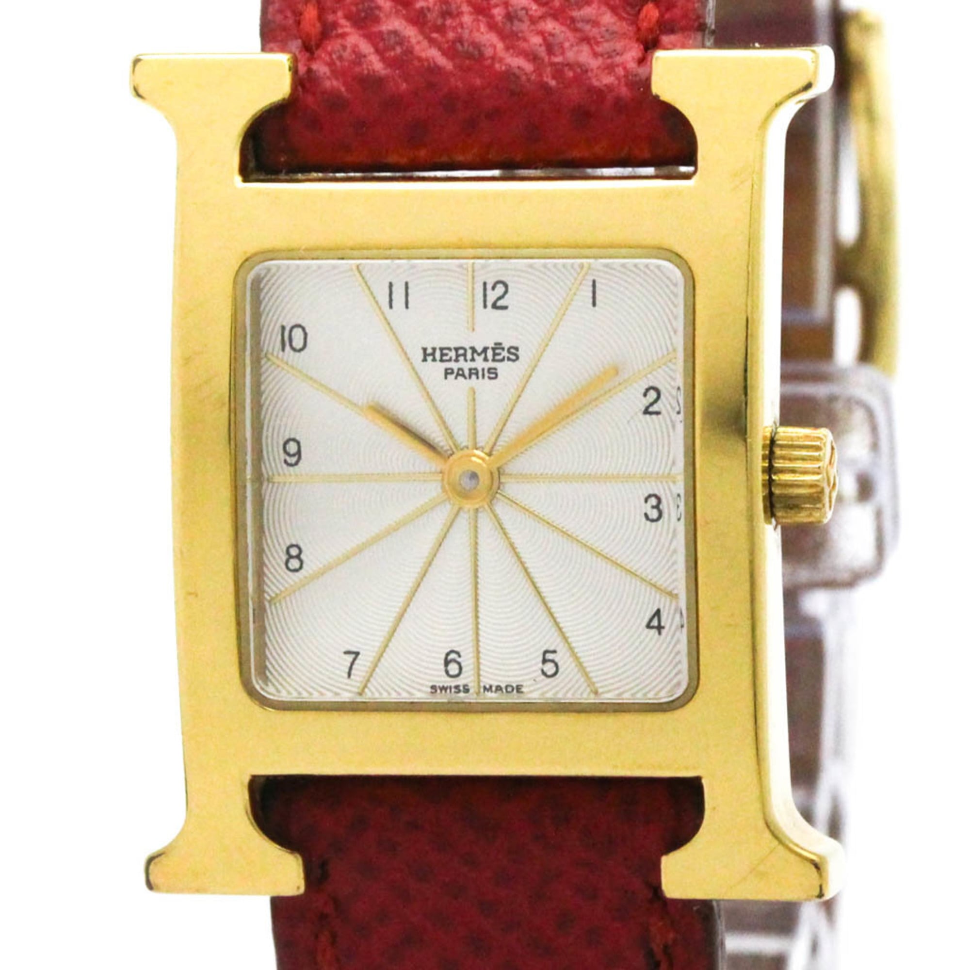 HERMES H Watch Gold Plated Leather Quartz Ladies Watch HH1.201