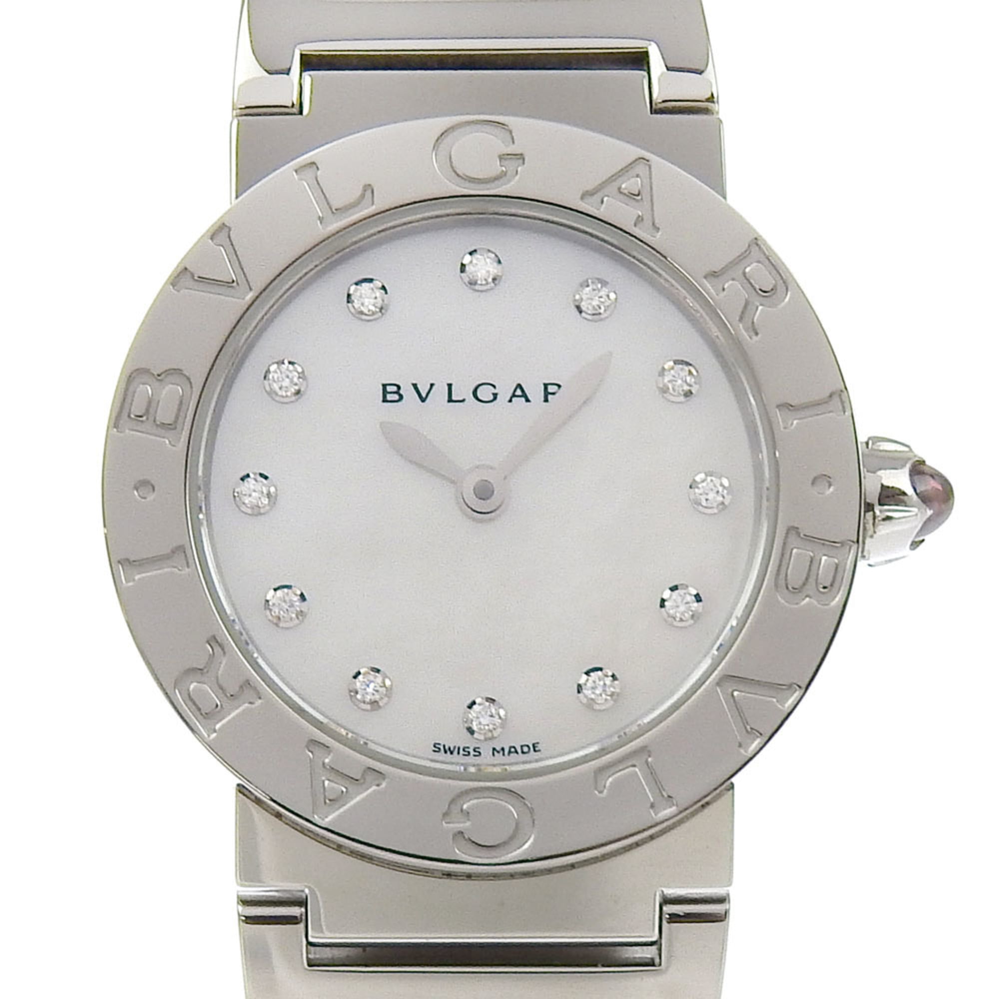 BVLGARI BBL26S White Shell Dial 12P Diamond SS Quartz Wristwatch 26mm Ladies