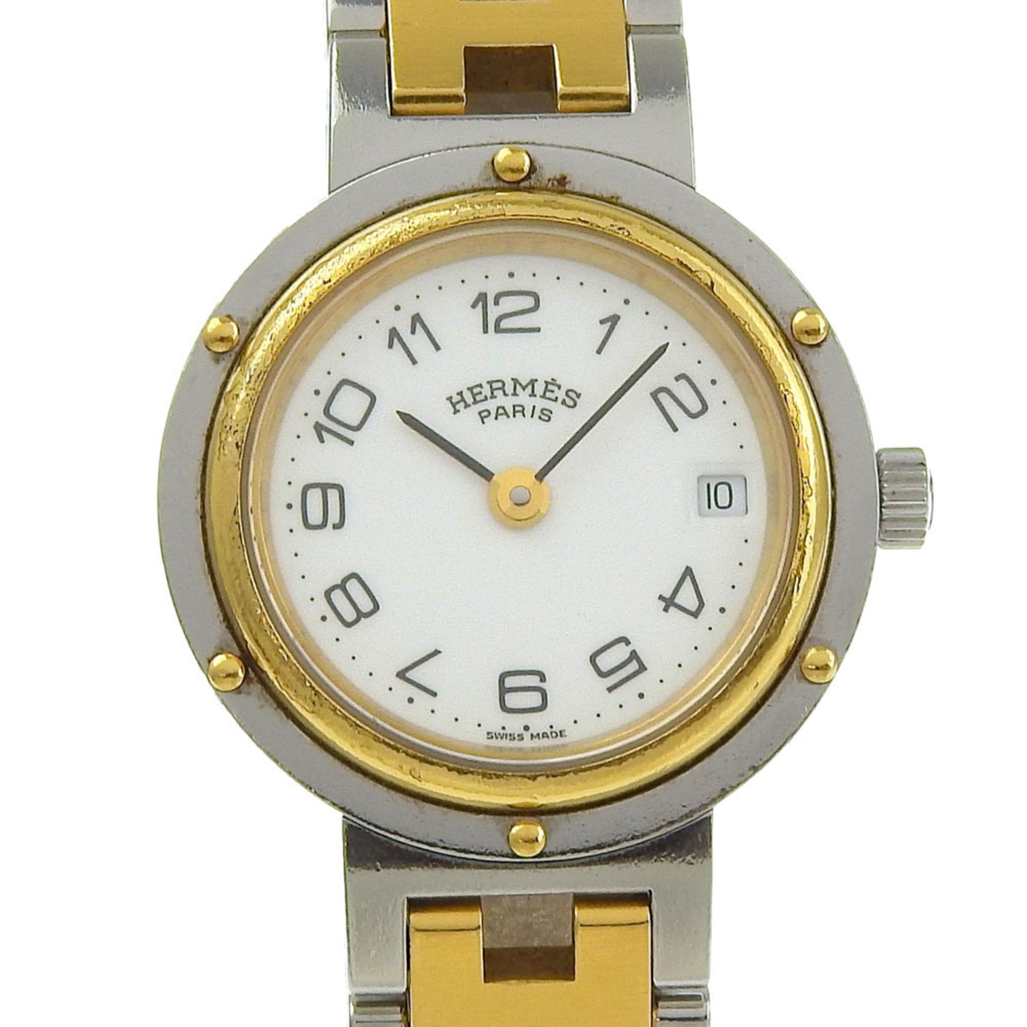 Hermes Clipper watch, stainless steel, quartz, analog display, white dial, women\'s.