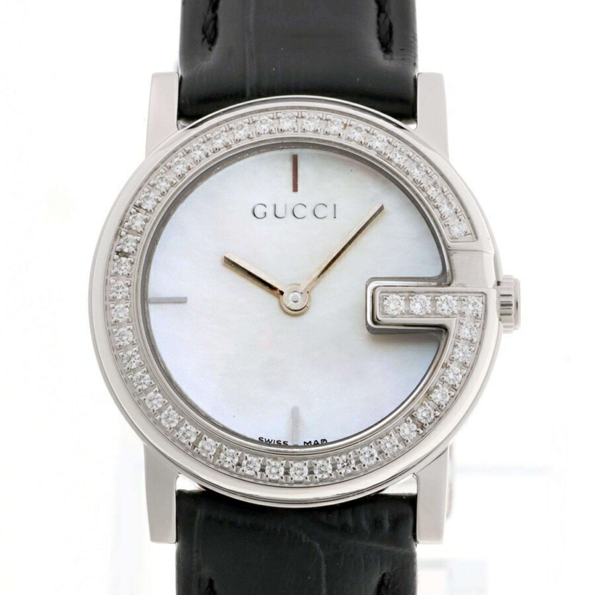 GUCCI G Round Diamond YA101509 101L Shell White Quartz Watch A-158491