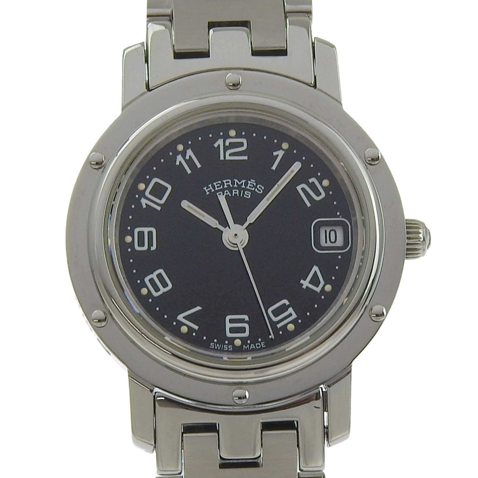 Hermes Clipper watch CL4.210, stainless steel, quartz, analog, black dial, women\'s.