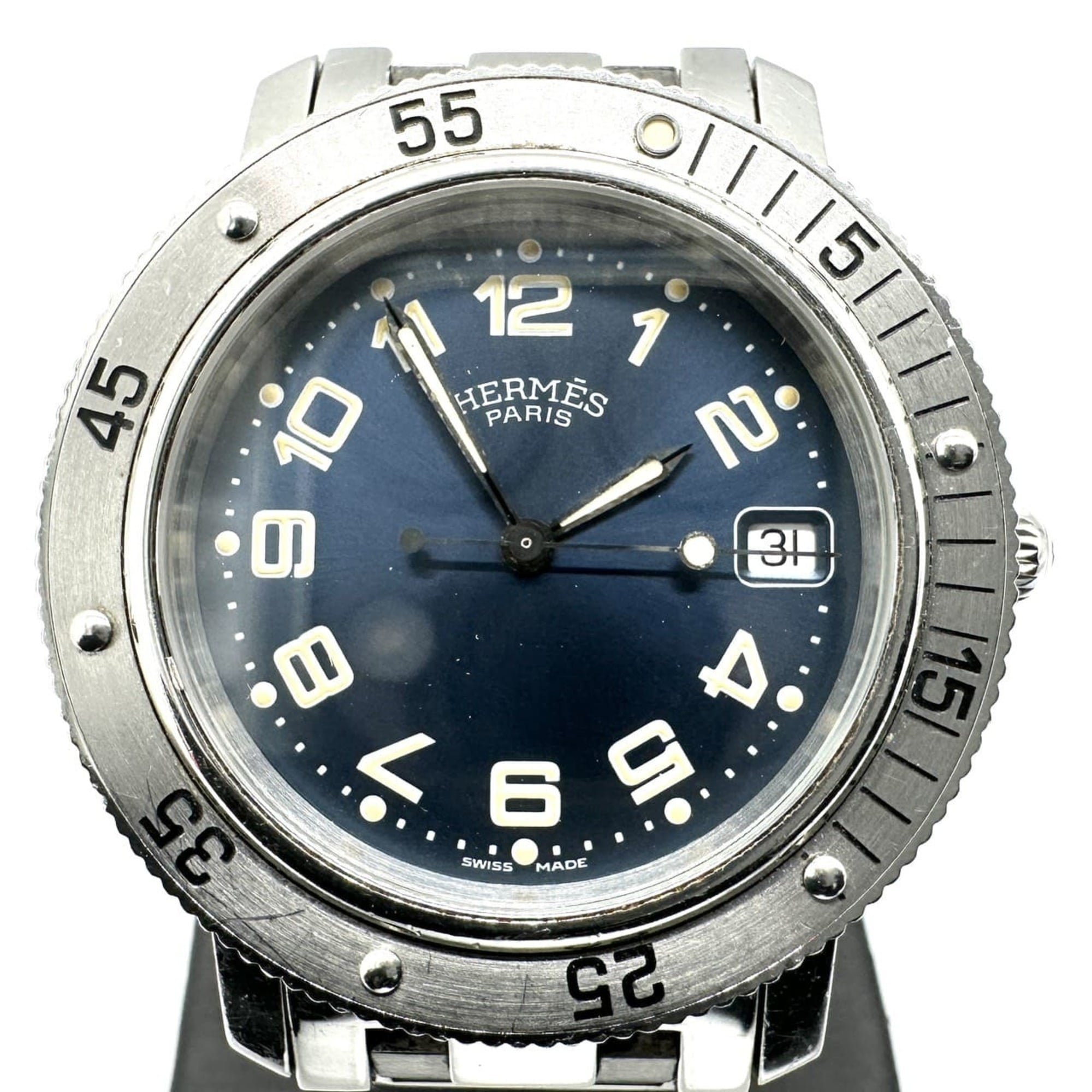 HERMES Clipper Diver CL7.710 Date Quartz Stainless Steel Blue Silver Men\'s Watch