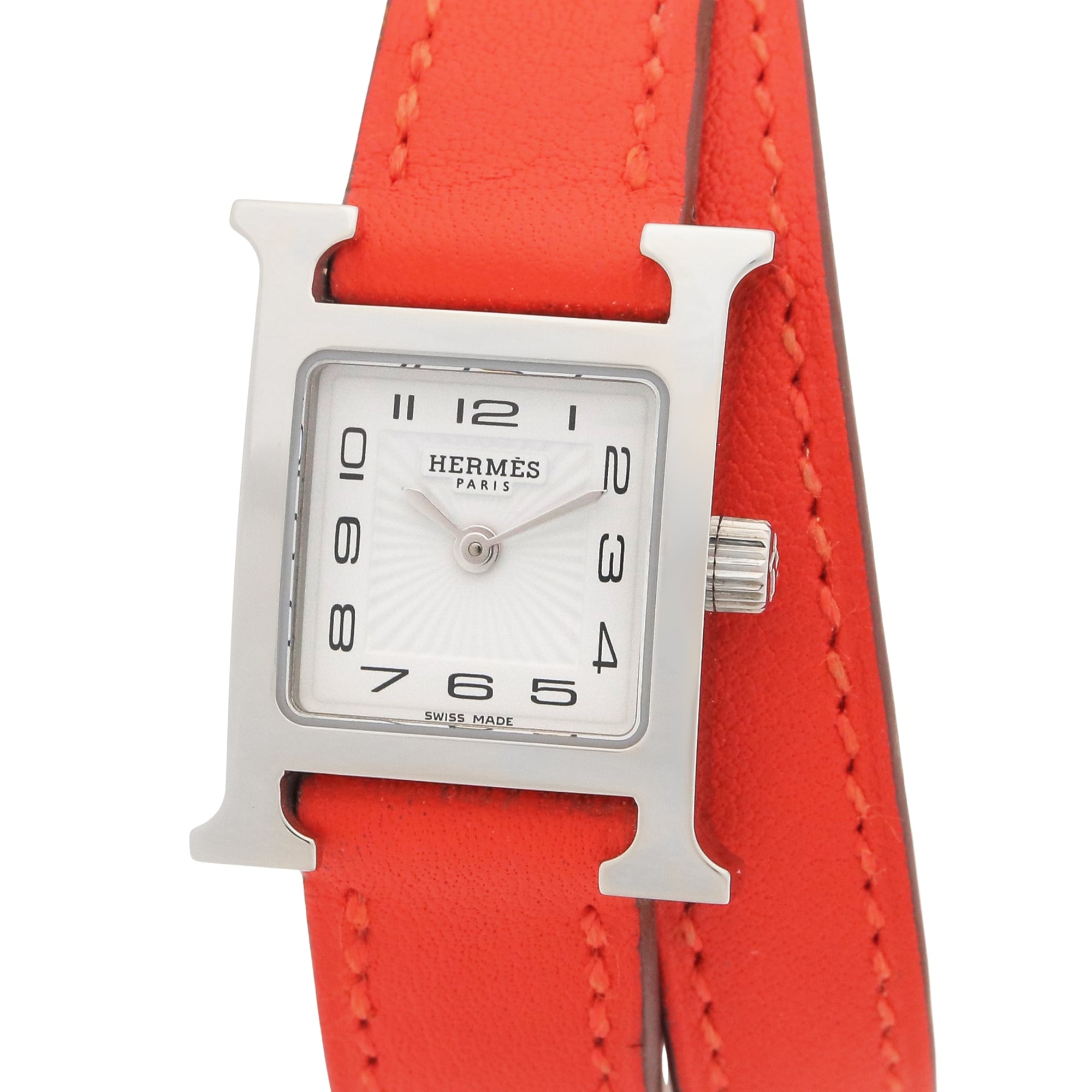 Hermes H-Watch Mini Double Tour Wristwatch, Stainless Steel, Leather Strap, Women\'s, White (HH1.110