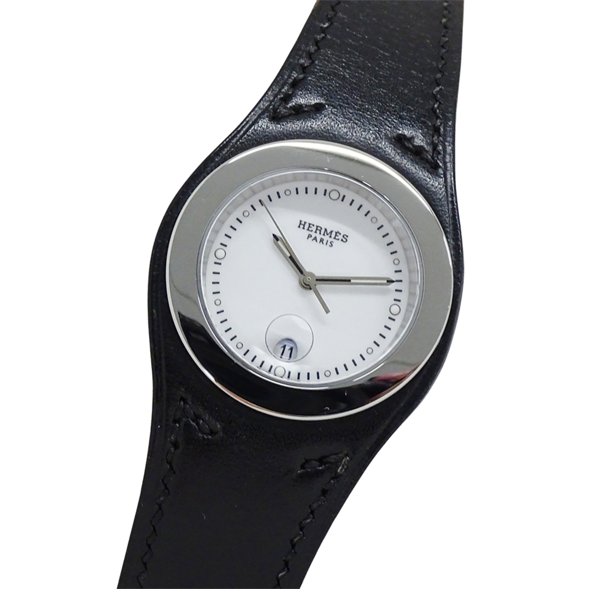 Hermes HERMES Women\'s Watch Brand Arce Date Quartz QZ Stainless Steel SS Leather HA3.410 White Blac