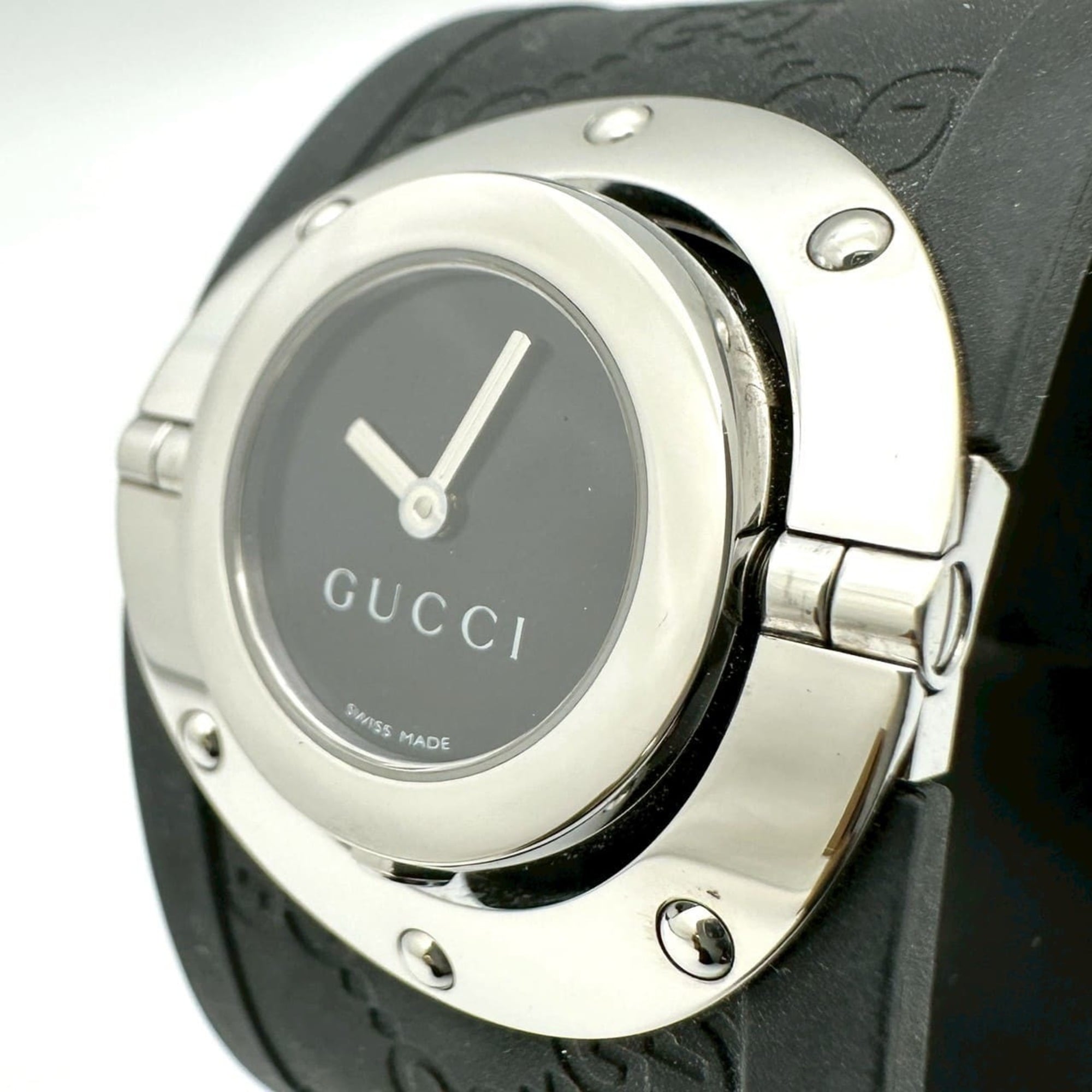 GUCCI Toile Bangle Watch 112 GG Rubber Quartz Black Women\'s