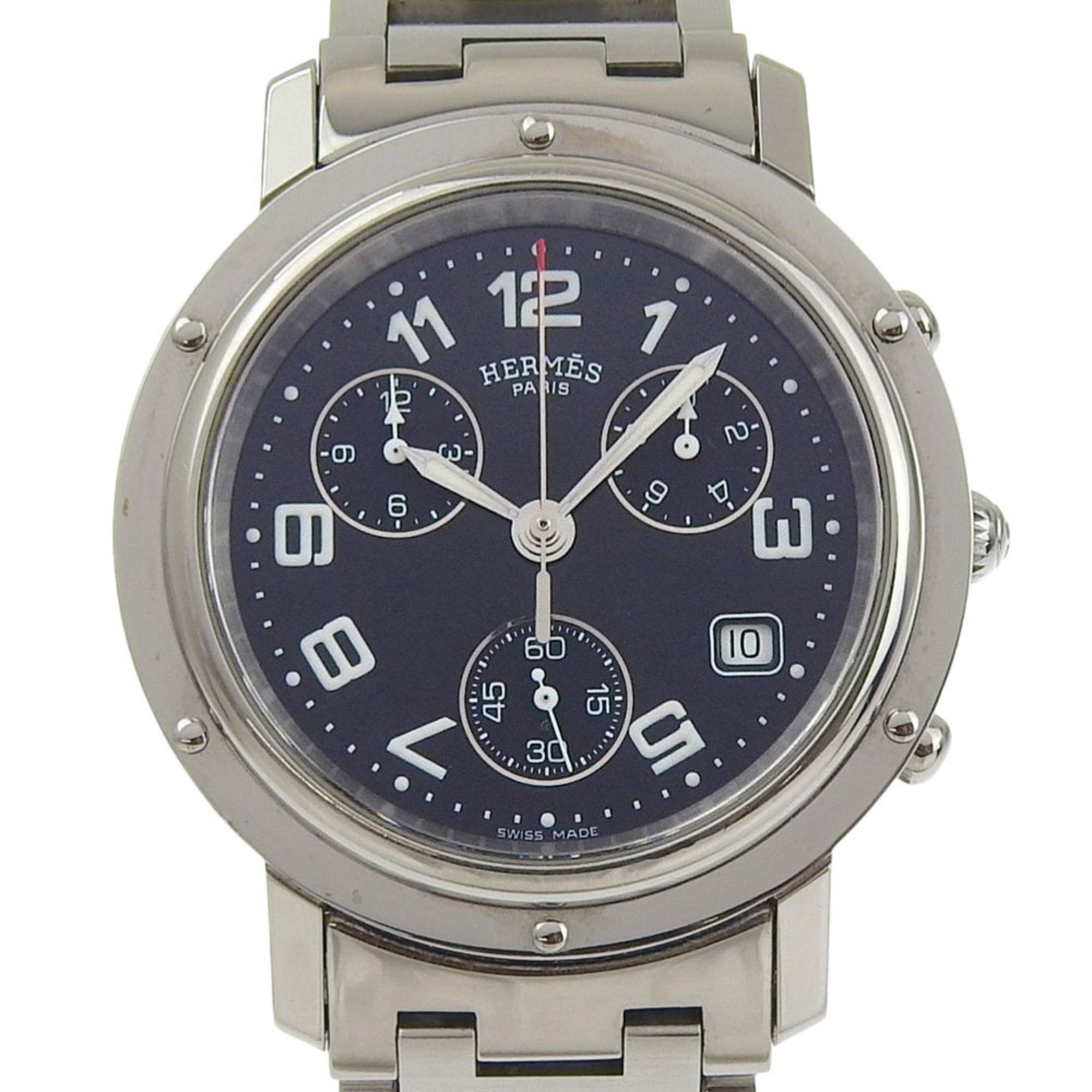 Hermes Clipper watch CL1.910, stainless steel, quartz, chronograph, black dial, men\'s.