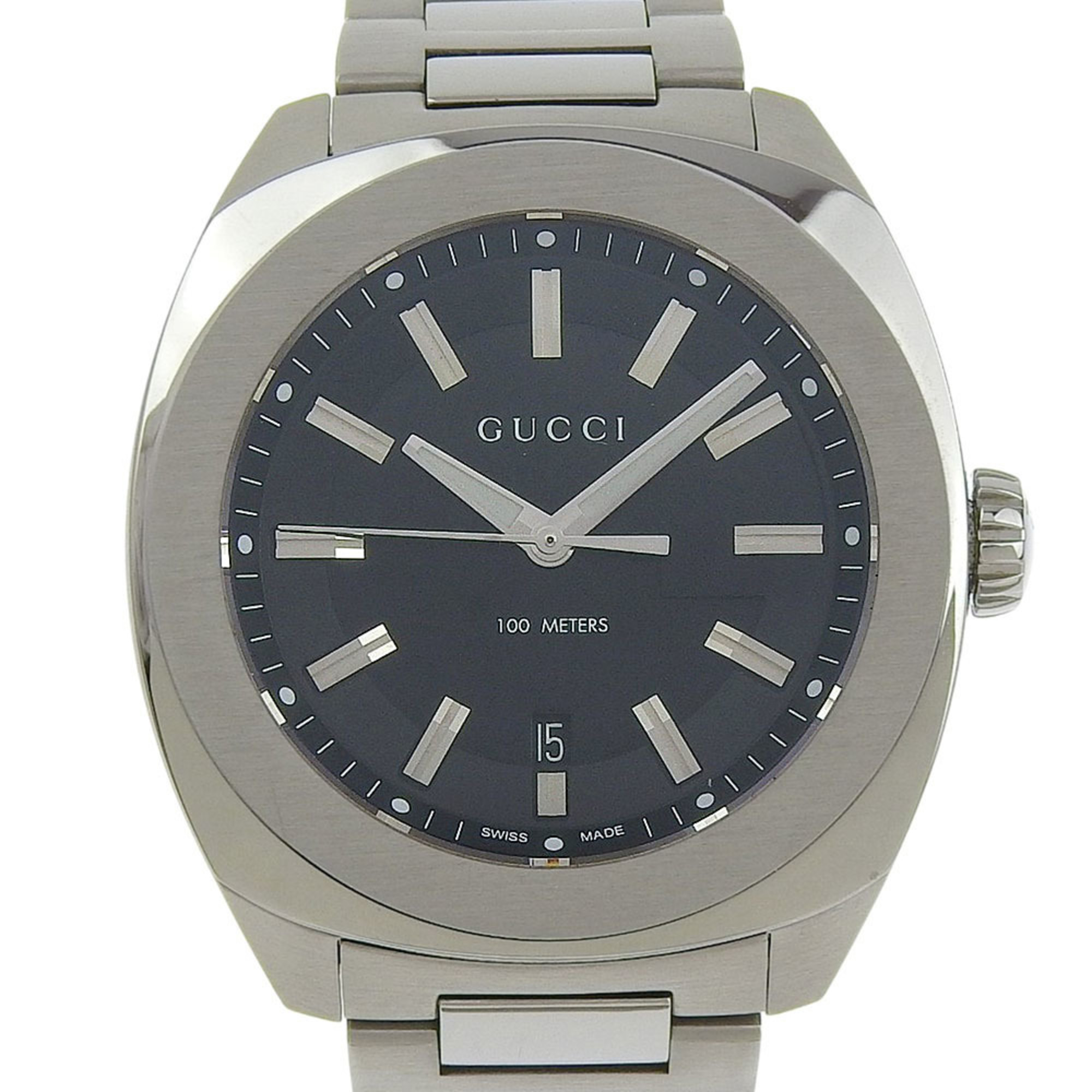 Gucci Date 100m YA142201 142 2 Black Dial Stainless Steel Quartz Watch with Battery, 43mm Men\'s