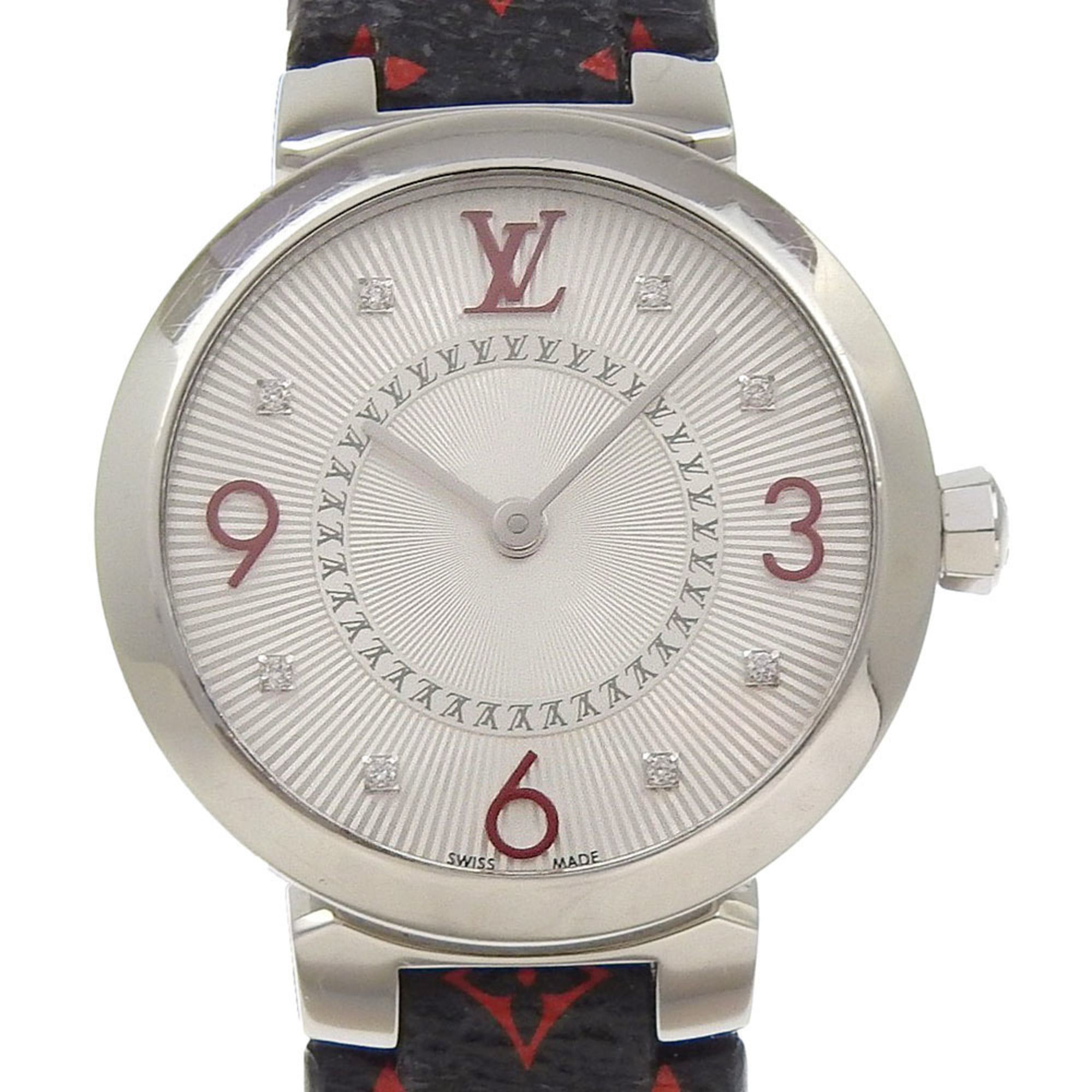 Louis Vuitton Tambour Slim Watch, 8 Diamonds, Q12MGA, Stainless Steel and Leather, Quartz Movement,