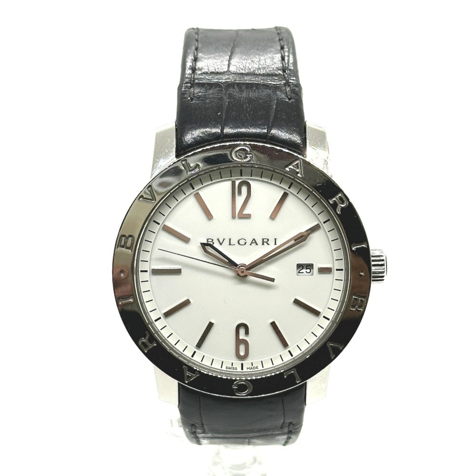 BVLGARI Bvlgari BB41WSLD Automatic Date Watch with Stainless Steel/Leather Strap, Men\'s, Silver
