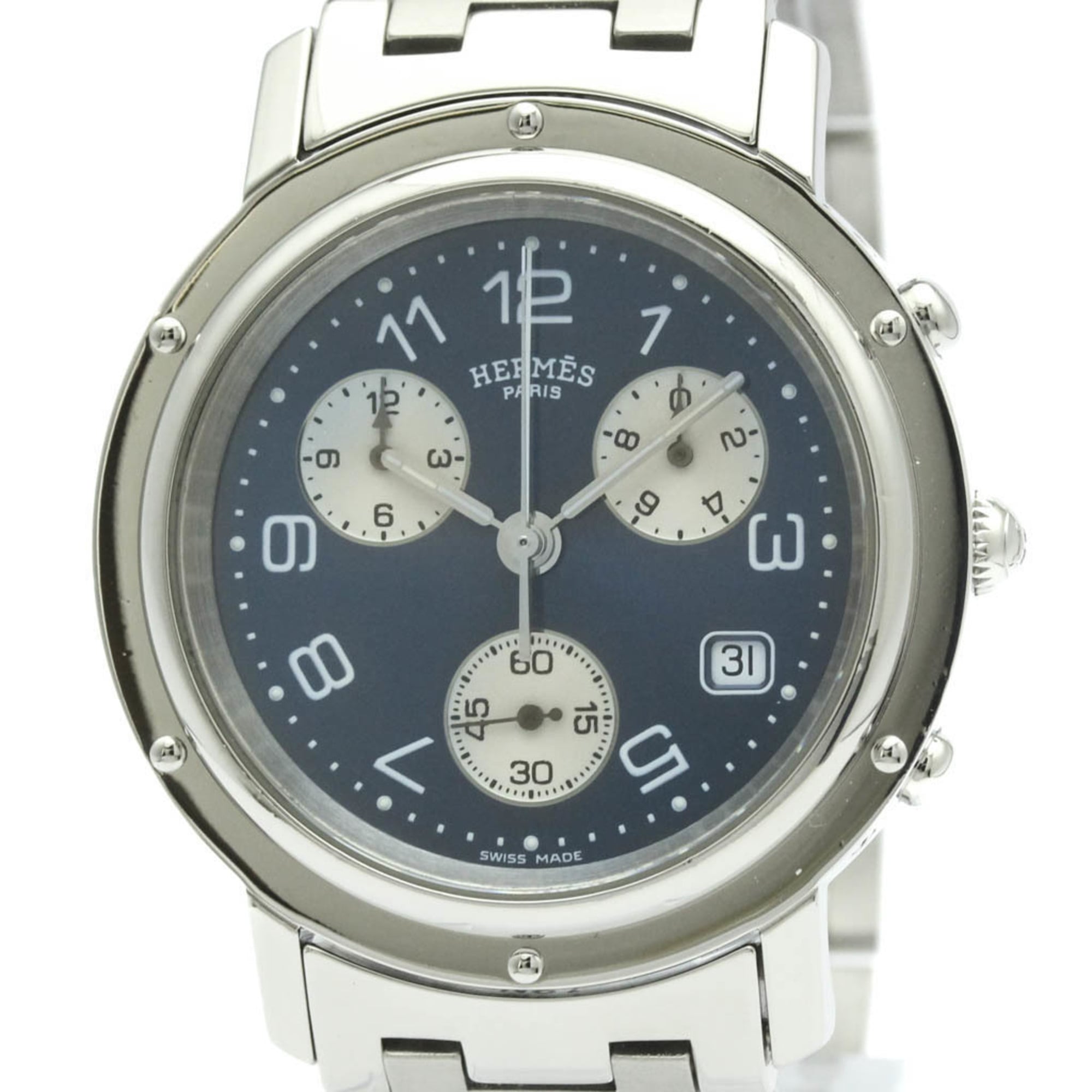 HERMES Clipper Chronograph Steel Quartz Mens Watch CL1.910 Polished