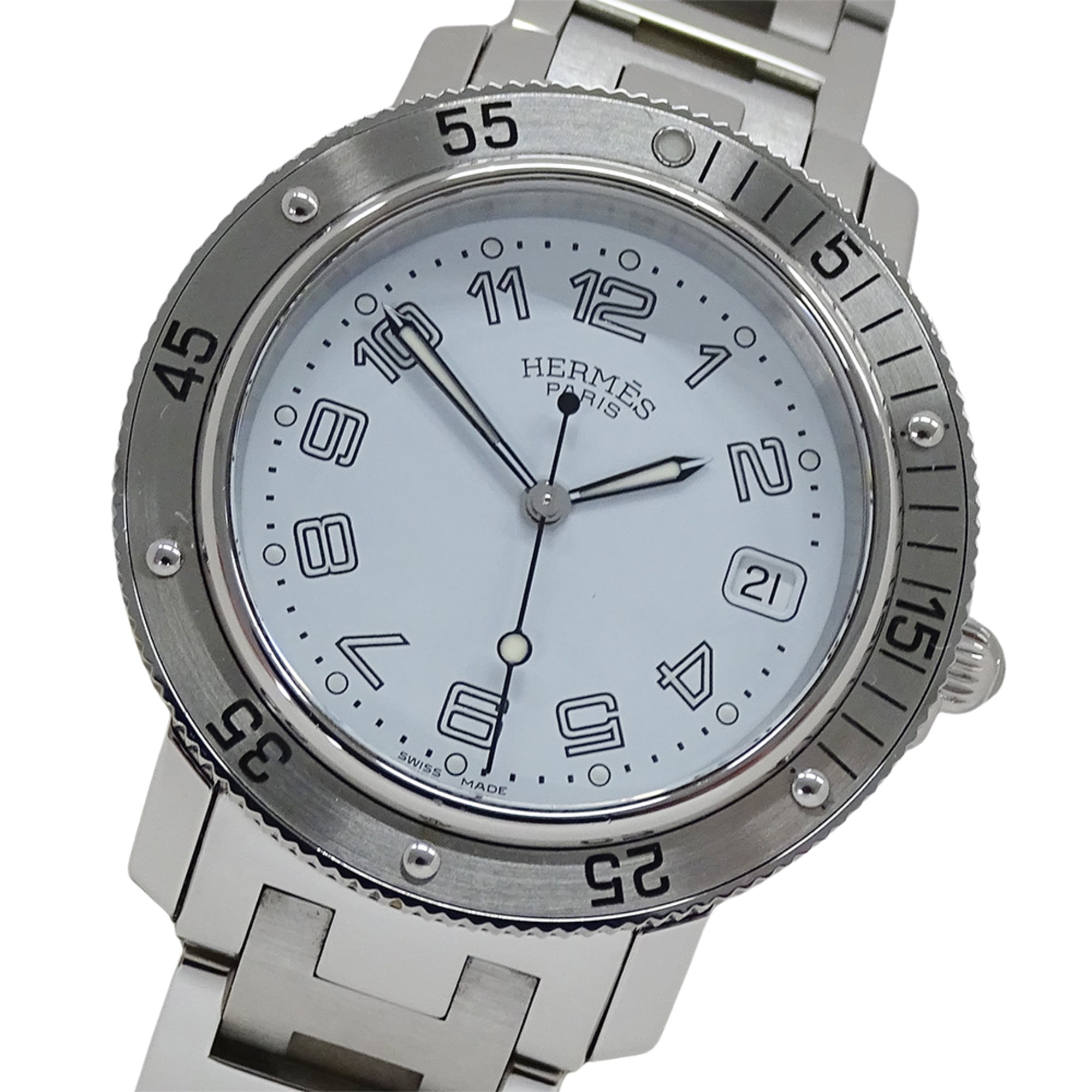 Hermes HERMES Men\'s Watch Brand Clipper Diver Date Quartz QZ Stainless Steel SS CL7.710 Silver Whit