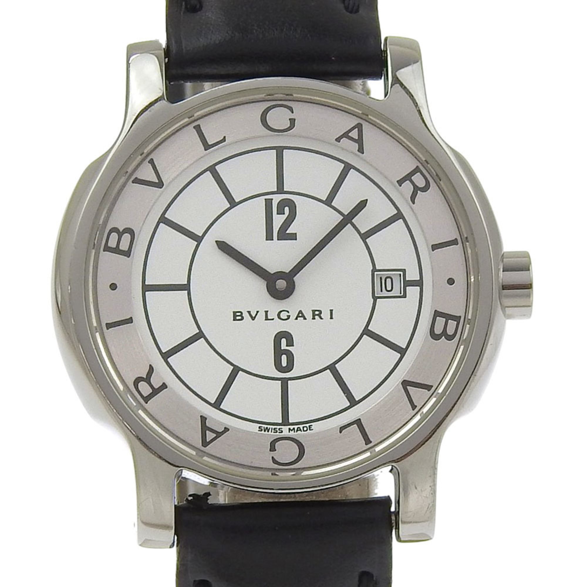 BVLGARI Solo Tempo Watch ST29S Stainless Steel and Leather Quartz Analog Display White Dial Unisex