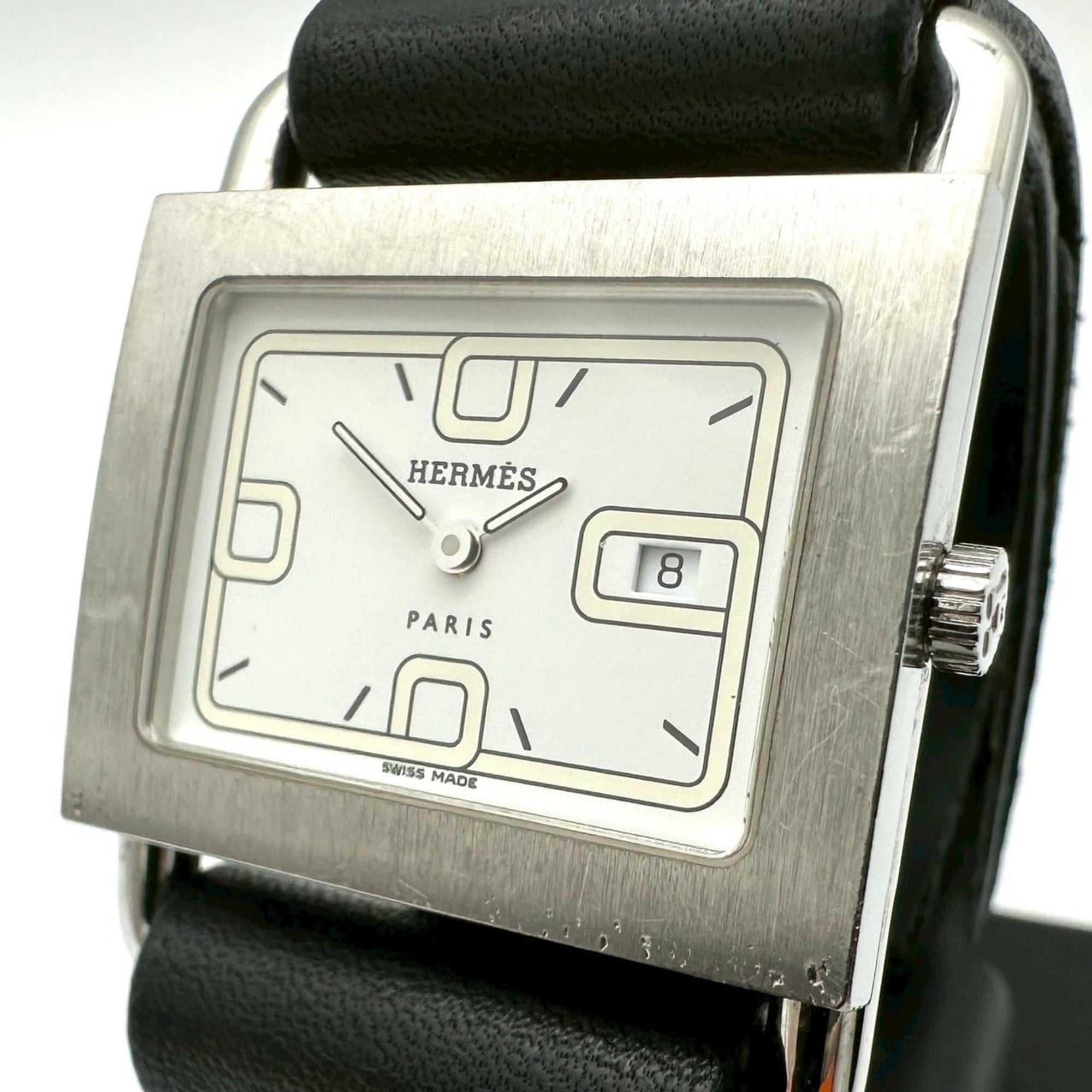 HERMES Barenia Date Watch BA1.510 SS Leather Quartz Movement White Black Women\'s Buckle