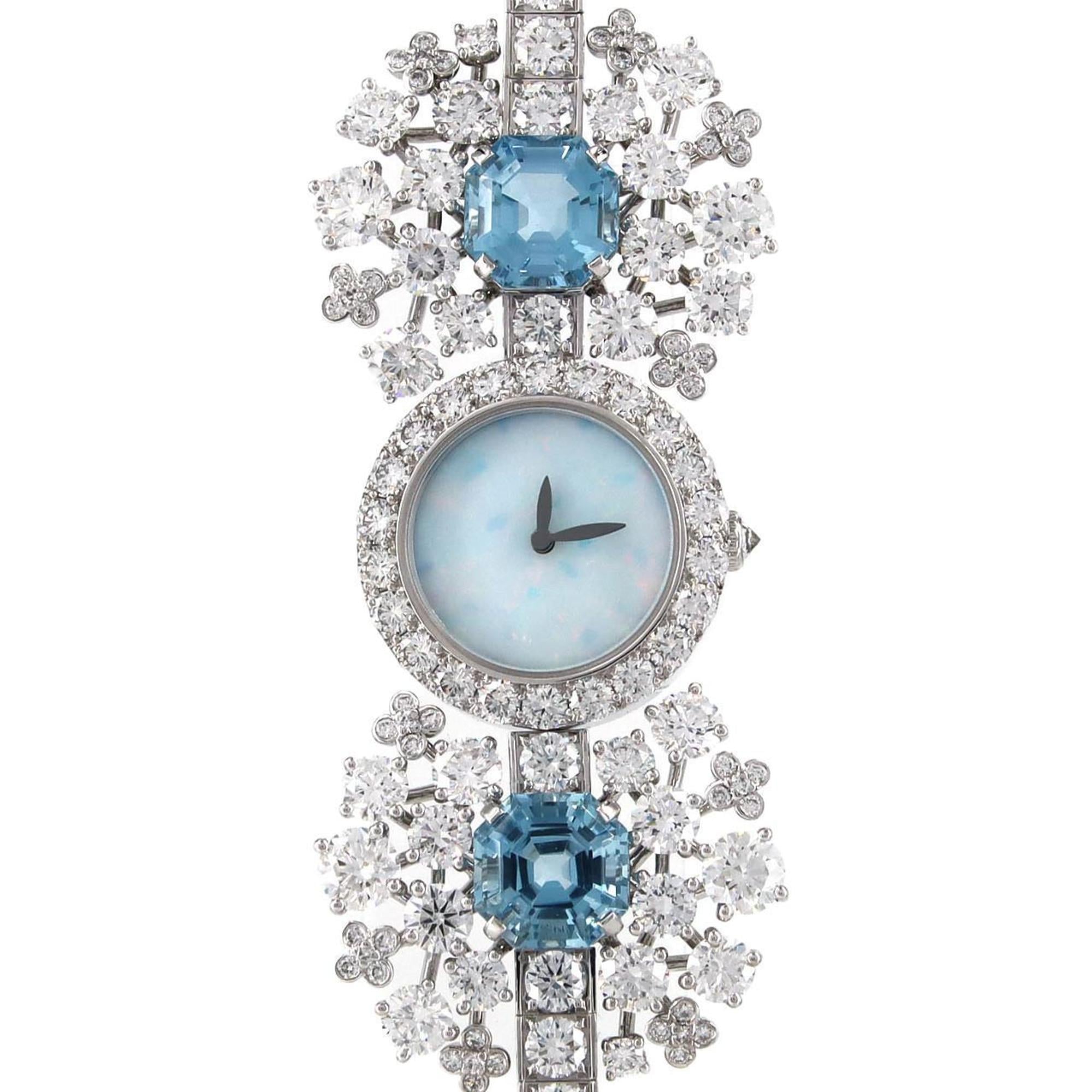 Tiffany High Jewelry Watch WG D Bracelet D&2 Aquamarine Quartz Wristwatch