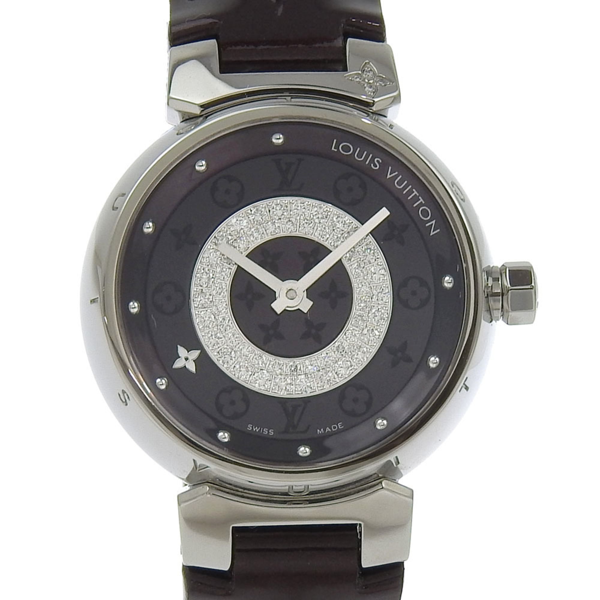 Louis Vuitton Tambour Watch Disc Diamant Amarante Q121U Stainless Steel x Monogram Vernis Diamond Qu