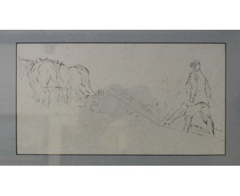 Modern British school, a ploughman, crayon, 16 x 30 cm, and an Ian Weekly lithograph, View from Edlesborough Churchyard, sign