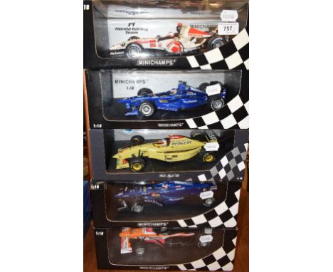 A Minichamps 1:18 die-cast model Honda racing F1 team RA106 R Barrichello 2006 Formula 1 car, and four others, all boxed (5) 