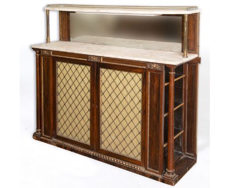 A Regency rosewood side cabinet, the brass three quarter gallery on a marble top, on brass supports, the base with a marble t