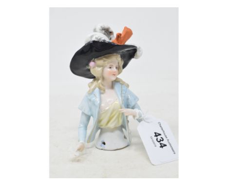 A porcelain half doll, lady wearing a large black hat and a light blue jacket, holding a card, 12 cm highReport by GHFront of