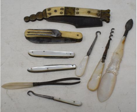 Two mother of pearl penknives, other penknives and items 