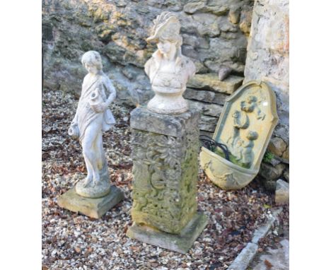 A reconstituted stone garden statue, 90 cm high, another, and a fountain (3)The plinth is included in this lot. 