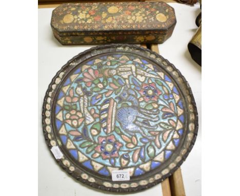 A Syrian copper tray, with enamel decoration, 38 cm diameter, and a Kashmiri papier mache box (2) 