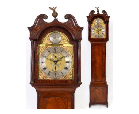 A longcase clock, the 31 cm arched square brass dial having a silvered chapter ring with Roman numerals, the matt centre with