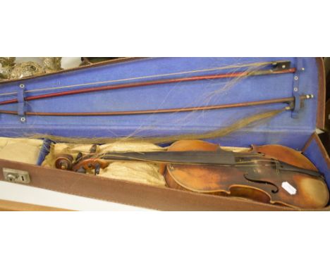 A violin, having a two piece 36 cm back, with two bows, casedReport by GHThe rear bottom of the body is coming apart from the