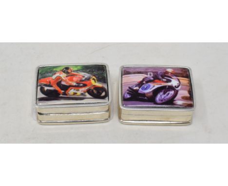 Two silver and enamel pill boxes, decorated motorbikes 