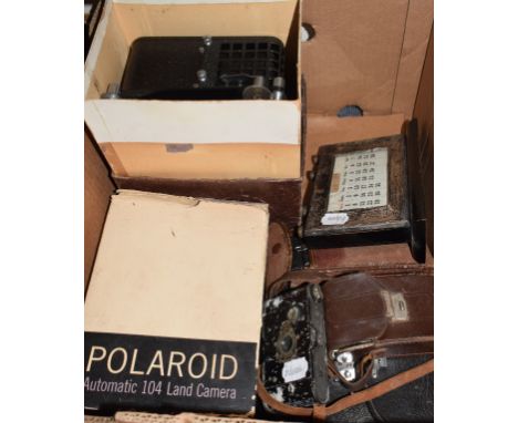 A Zeiss Ikonette camera, case, other cameras, a projector and a silver mounted perpetual calendar (box) 