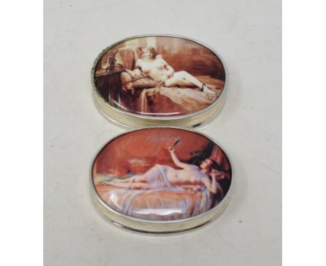 Two silver and enamel pill boxes, decorated nudes 