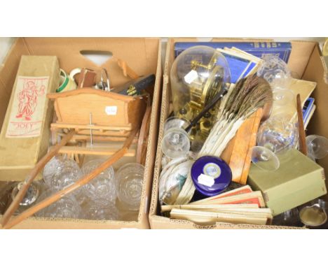 Assorted ceramics, glass, a 400 day clock, a puppet, Joey, designed by Waldo S Lanchester, boxed, a folding chair, a toy box,
